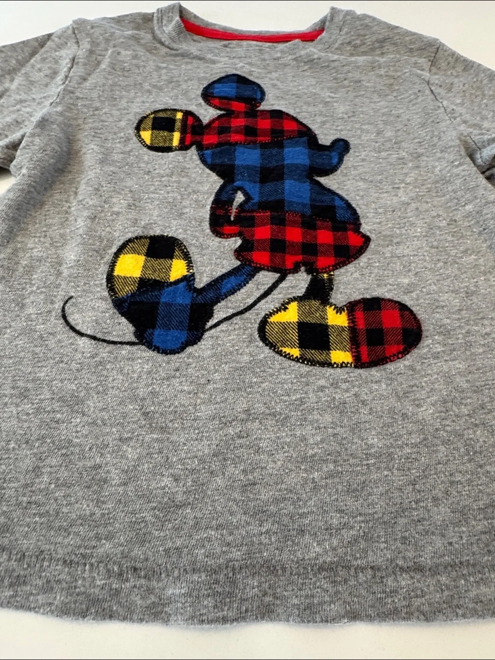 GAP Grey Long-Sleeve Tee with Plaid Disney Mickey Mouse in Red, Blue & Yellow